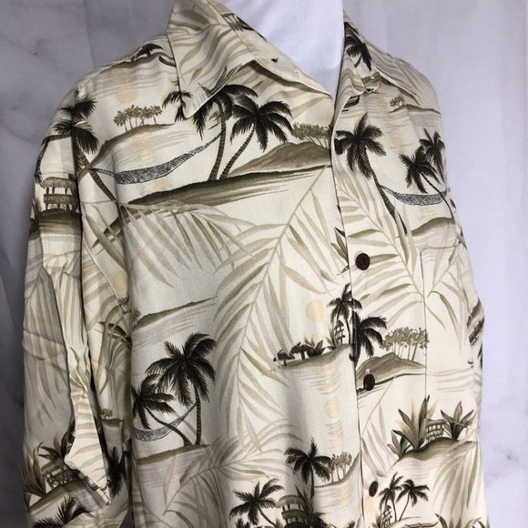 Go Barefoot Aloha Hawaiian Tiki Shirt‎ Beige Dark Green Palm Trees Medium - Picture 9 of 10